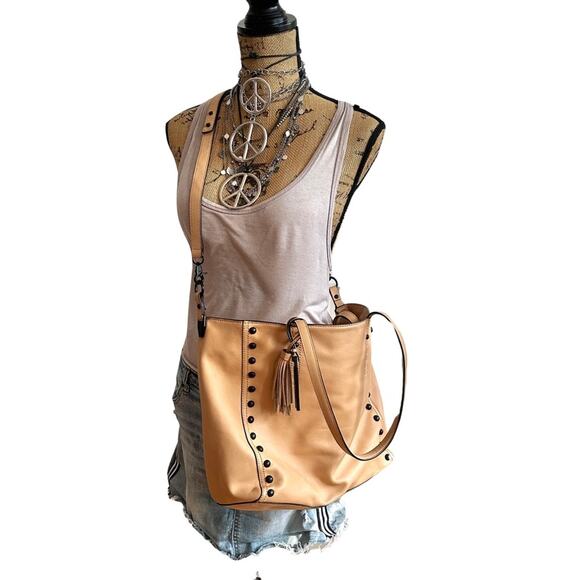 LOEFFLER RANDALL Studded Tan Leather Tote Tassels and tonal - Picture 4 of 16